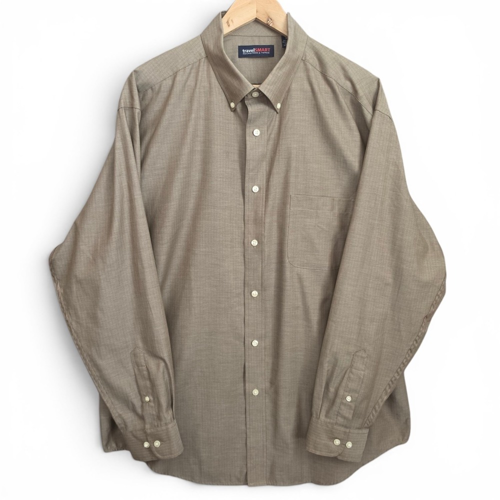 Roundtree & Yorke Shirt‎ Mens XL Taupe Button Down Travel Smart Cotton Blend